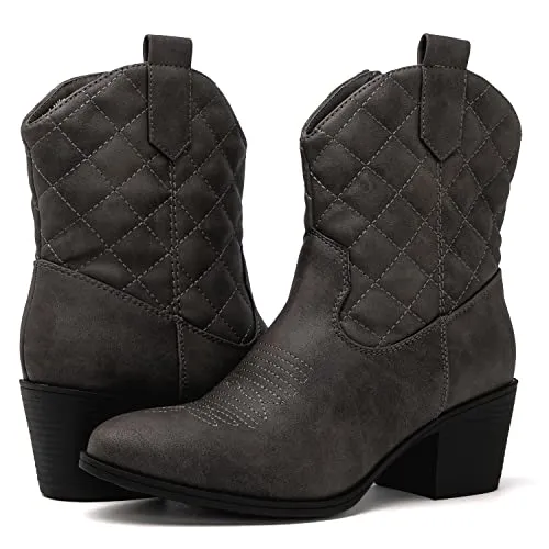 GLOBALWIN Women's Grey Quilted Mid Calf The Western Cowboy Cowgirl Boots 7M