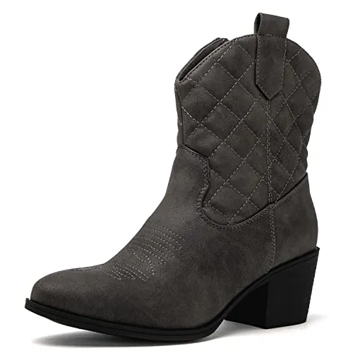 GLOBALWIN Women's Grey Quilted Mid Calf The Western Cowboy Cowgirl Boots 7M