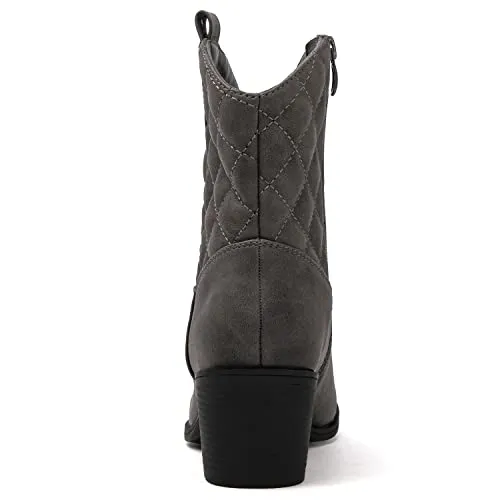 GLOBALWIN Women's Grey Quilted Mid Calf The Western Cowboy Cowgirl Boots 7M